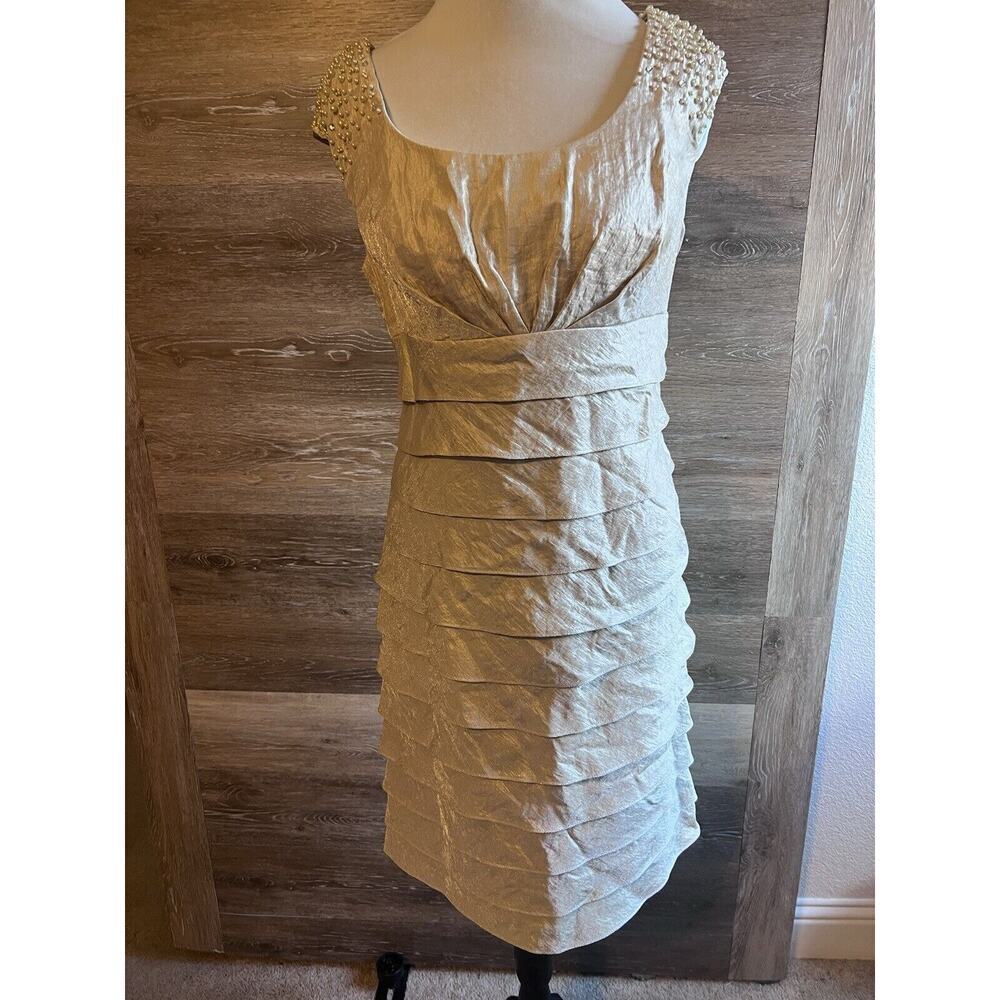 Mother Of Bride Formal Cocktail Wedding Dress Champagne Pearls Metallic Sz 8